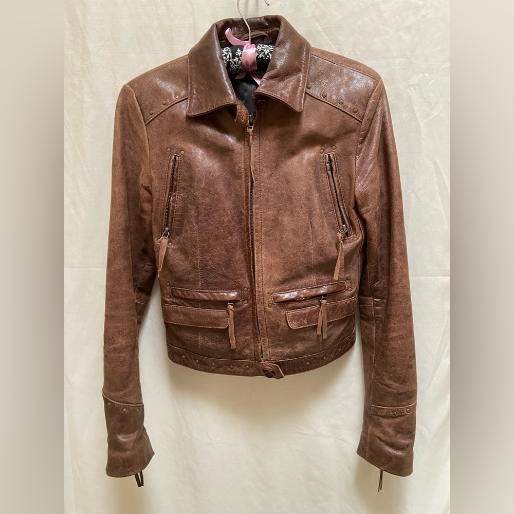 mission European Brown Leather Bomber Jacket